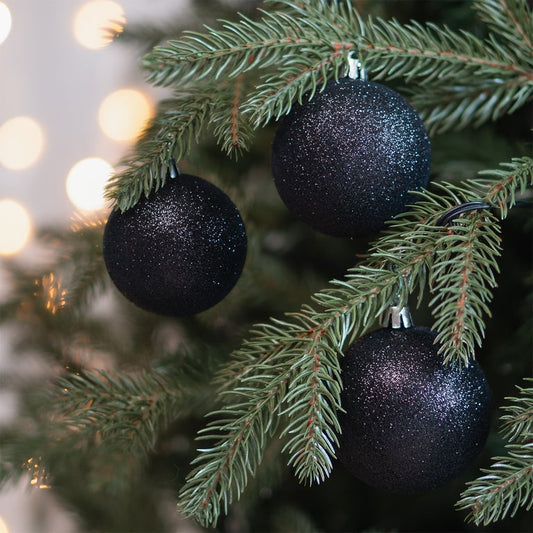 Black glitter Christmas baubles in convenient box