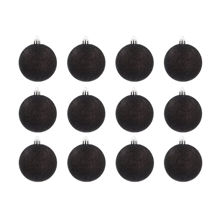 Black glitter Christmas baubles in convenient box