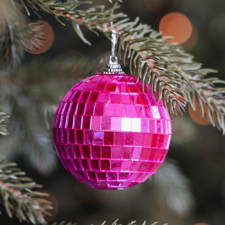 Pink disco Christmas bauble with reflective mirrors 7cm