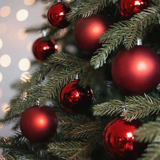 Red set Christmas baubles in storage tube