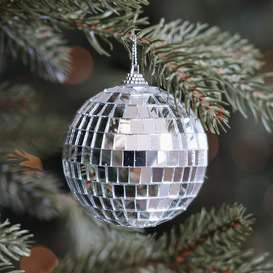 Silver disco Christmas bauble with reflective mirrors 7cm